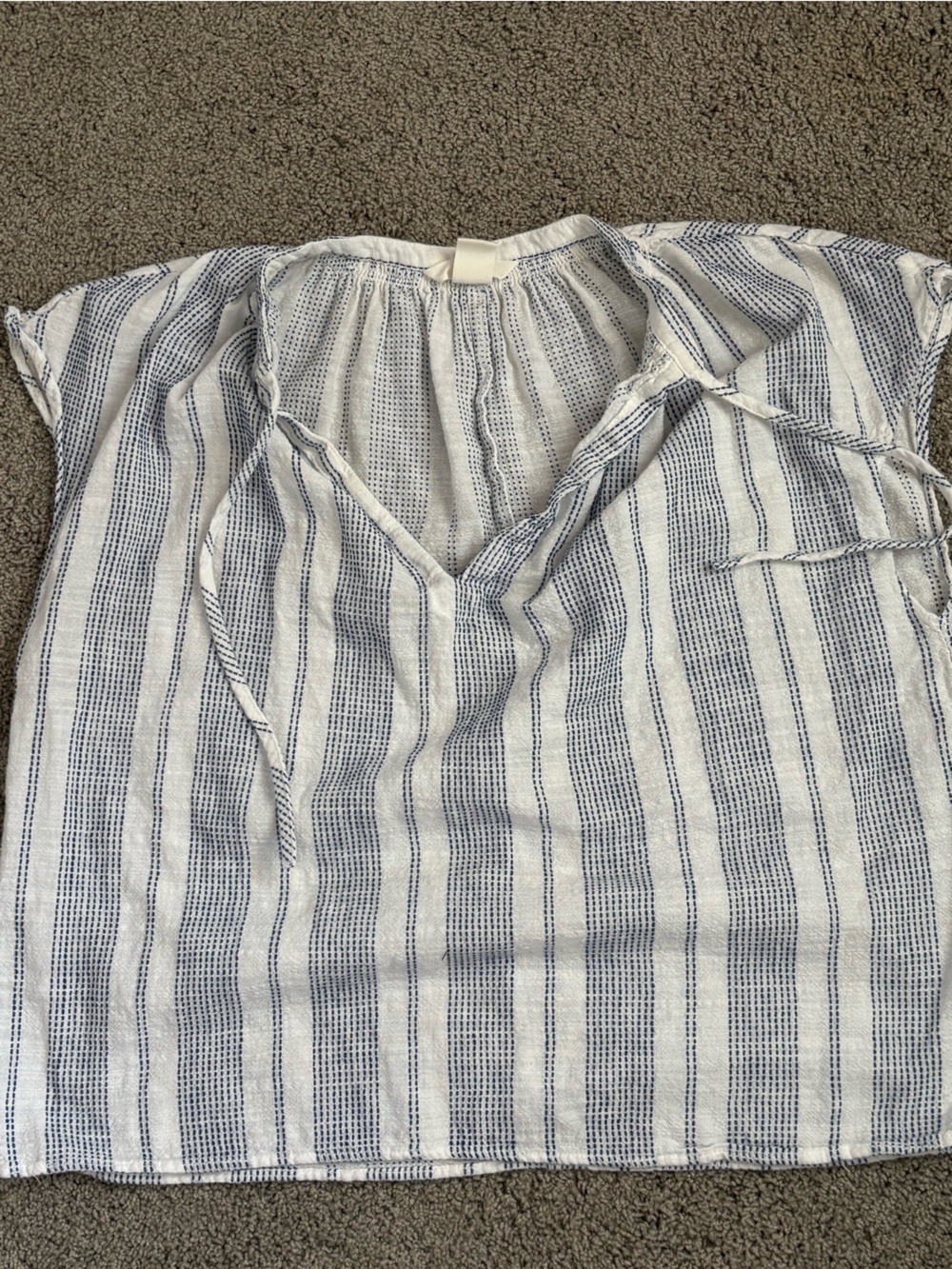 H&M White and Blue Striped V-Neck Tie-Front Top